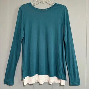 VINCE Long Sleeve Double Layer Pima & Modal Tee Shirt Teal and White Size Medium